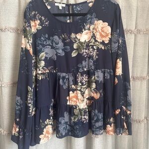 Maurices Navy Floral Bell Sleeve Flowy Peasant Blouse - SIZE XL